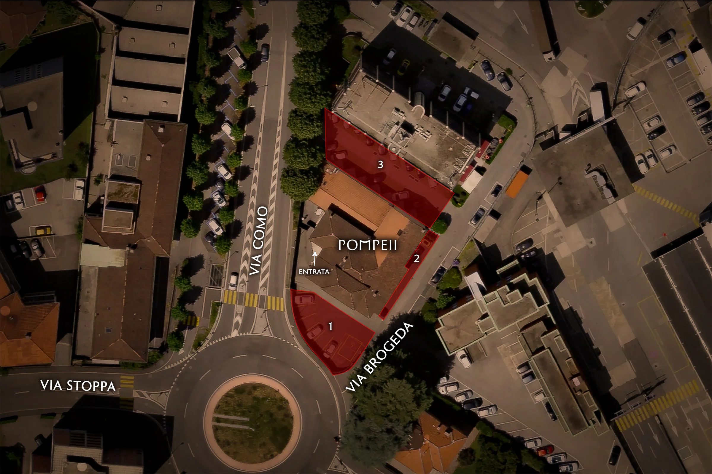 Aerial view of the club on Via Brogeda, with the way into the car park marked